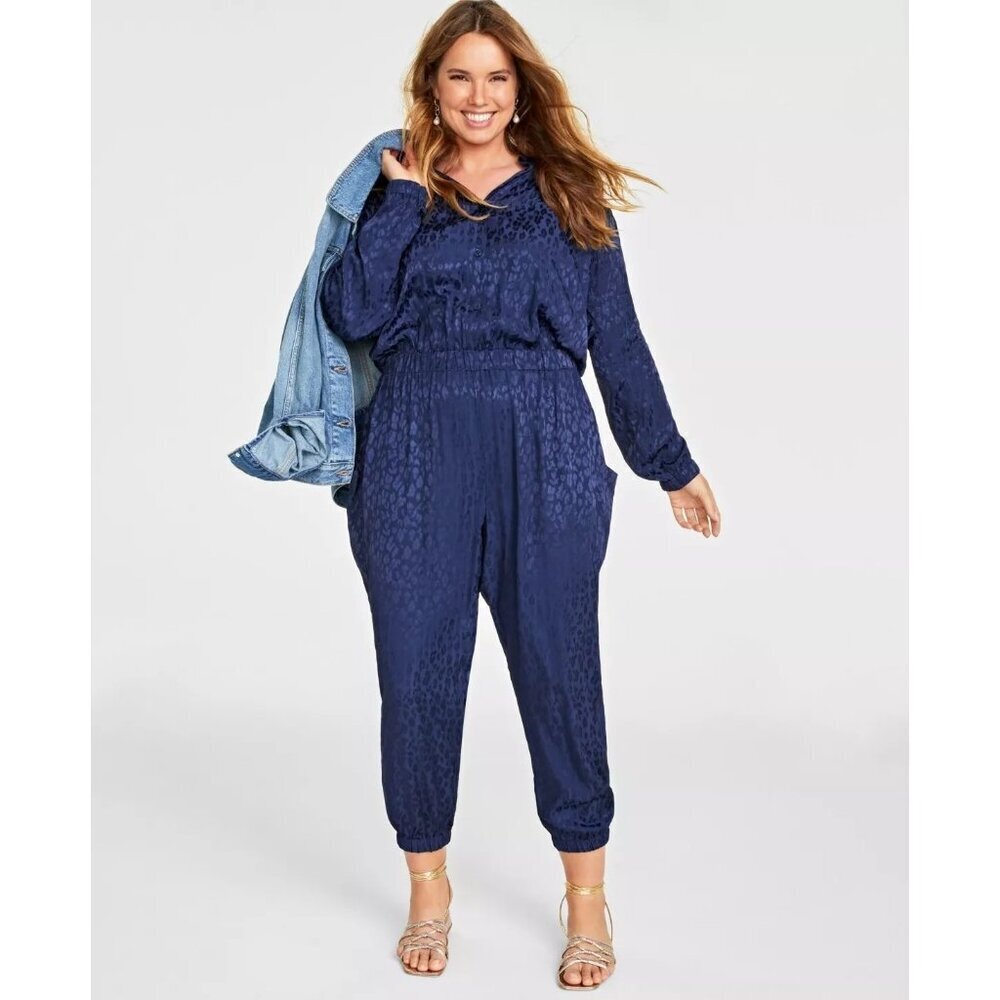 On 34th Womens Size XL Shiny Animal-Print Jacquard Jumpsuit in Intrepid Blue $79
